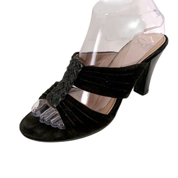 Sofft Black Suede Black Braided Leather T-Strap Comfort High Heel Mules Size 7.5 - Picture 1 of 10